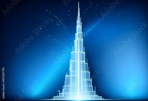 Sckyscraper drawing on a dark Blue background, light on the base, light Lines frame behind It, sparkling aura around It, stars in the background  photo