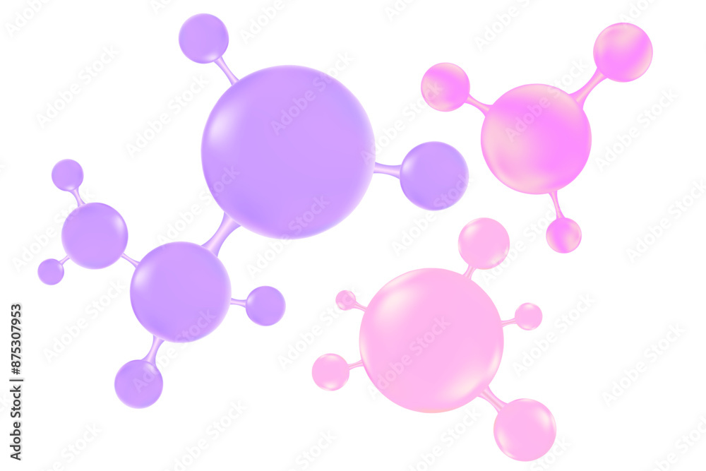 Pink, violet glowing molecule set of hyaluronic acid or collagen, nano 3D cell with glass texture, vector bio scientific icon. Cosmetology treatment isolated elements. Beauty science, skin carePink, v Pink, violet glowing molecule set of hyaluronic acid or collagen, nano 3D cell with glass texture, vector bio scientific icon. Cosmetology treatment isolated elements. Beauty science, skin carePink, v