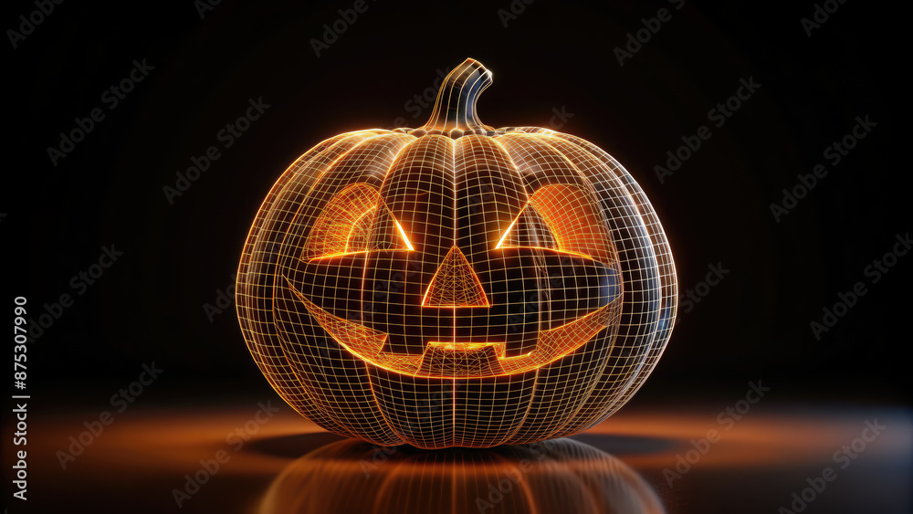 Obraz premium wireframe 3D orange pumpkin Jack-o'-lantern on a black background, Halloween, symbol, scary face, holiday, October 31, All Saints' Day, design, decor, technological, lantern, fear, celebration
