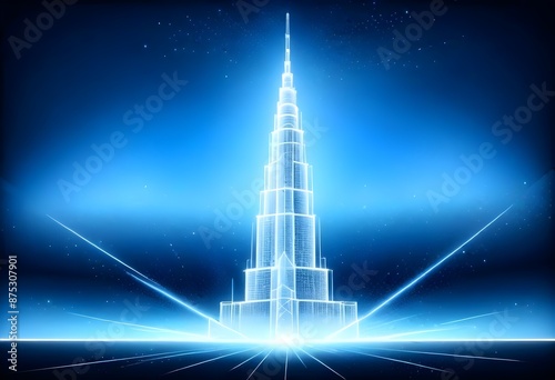 Sckyscraper drawing on a dark Blue background, light on the base, light Lines frame behind It, sparkling aura around It, stars in the background  photo