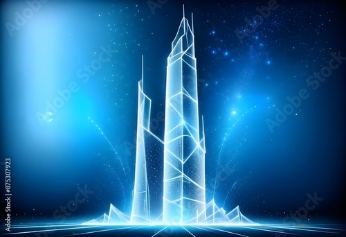 Sckyscraper drawing on a dark Blue background, light on the base, light Lines frame behind It, sparkling aura around It, stars in the background  photo