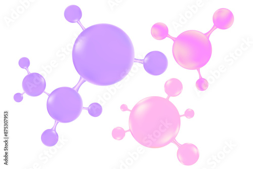 Pink, violet glowing molecule set of hyaluronic acid or collagen, nano 3D cell with glass texture, vector bio scientific icon. Cosmetology treatment isolated elements. Beauty science, skin carePink, v