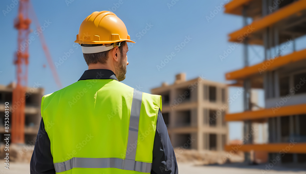Young construction civil engineer at site. Standing with his back and watches at a house building construction. Wearing a helmet and yellow safety vest. Working as a architect. Blurry Background. Young construction civil engineer at site. Standing with his back and watches at a house building construction. Wearing a helmet and yellow safety vest. Working as a architect. Blurry Background.