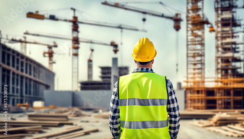 Young construction civil engineer at site. Standing with his back and watches at a house building construction. Wearing a helmet and yellow safety vest. Working as a architect. Blurry Background.