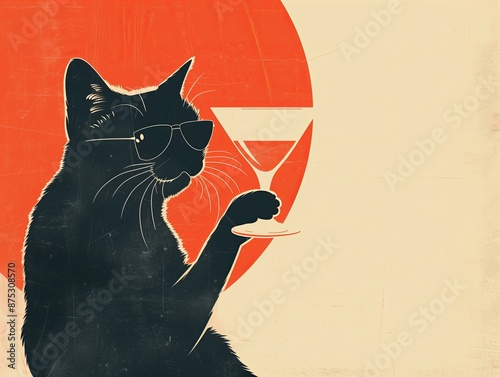 Black cat with sunglasses enjoying martini. Funny stylish poster banner for a bar