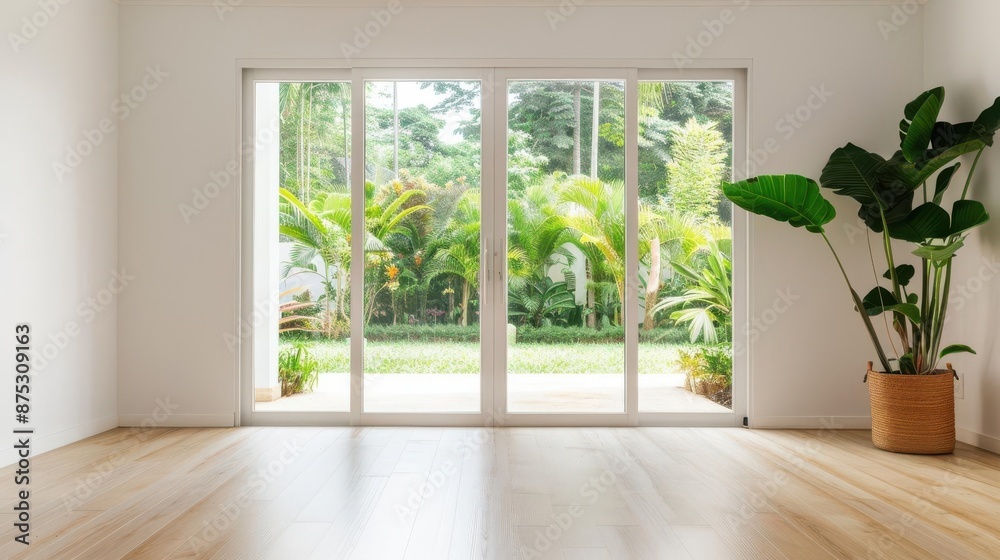 Fototapeta premium Sunlit room with sliding doors leading to a vibrant garden, featuring minimalistic decor and natural wooden flooring