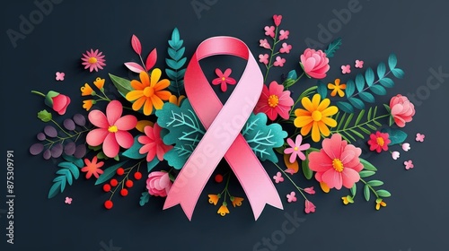 Colorful flowers and a pink ribbon on a dark backdrop. Conveys strength and solidarity, Breast cancer awareness