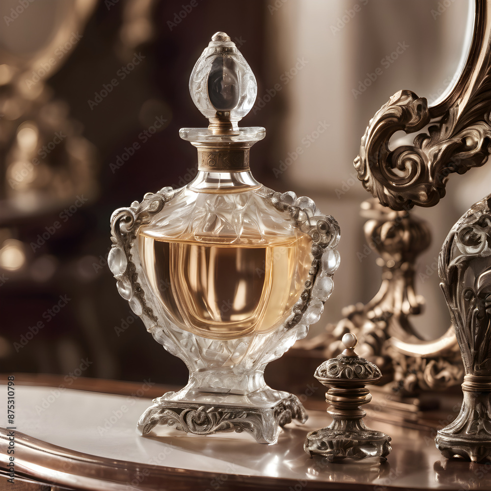 A timeless perfume bottle with elegant curves, placed on an antique dressing table with classic perfumes, pearls, and an ornate mirror in the background. A timeless perfume bottle with elegant curves, placed on an antique dressing table with classic perfumes, pearls, and an ornate mirror in the background.