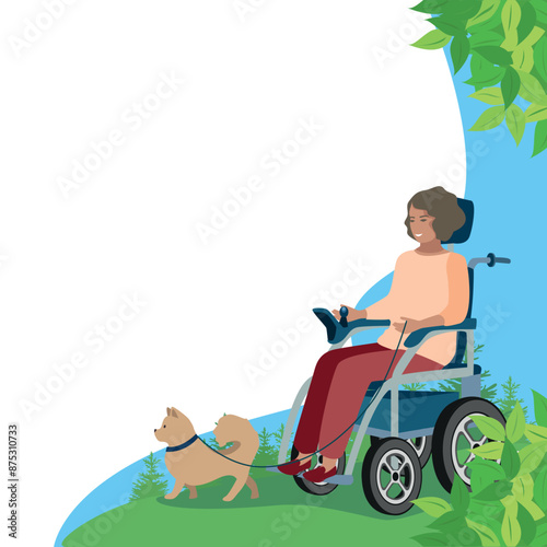 Happy young girl in an electric wheelchair walks with a dog in a city park. Rehabilitation and adaptation of people with disabilities. Vector illustration.