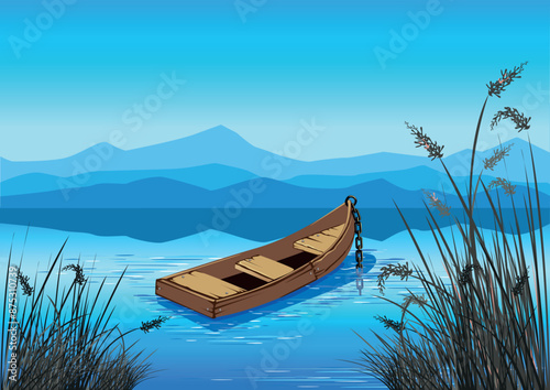 An old wooden boat on a lake in the reeds against a background of blue sky and blue mountains. Vector illustration of beautiful nature.