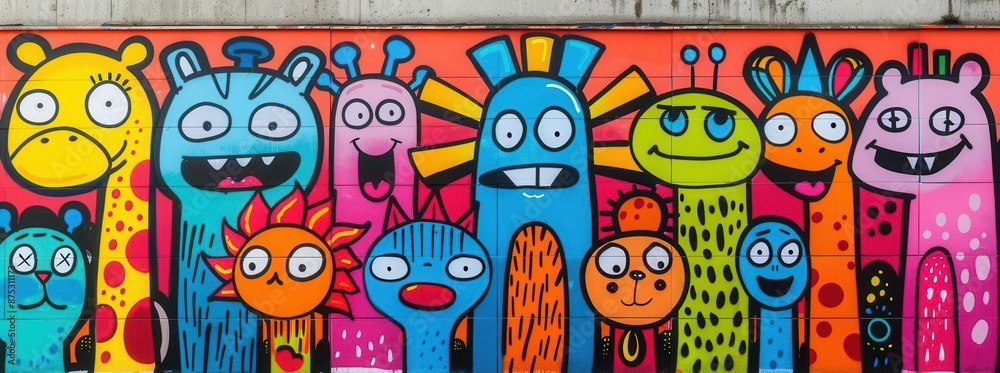 Naklejka premium Graffiti wall with cartoon animals, bold spray paint colors, street art concept, isolated, urban backdrop, professional photo shoot, ideal for advertising