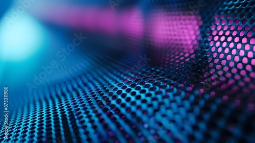 Close-up of advanced metallic hexagonal surface with vibrant neon lighting in blue and pink tones. Hexagonal Background.