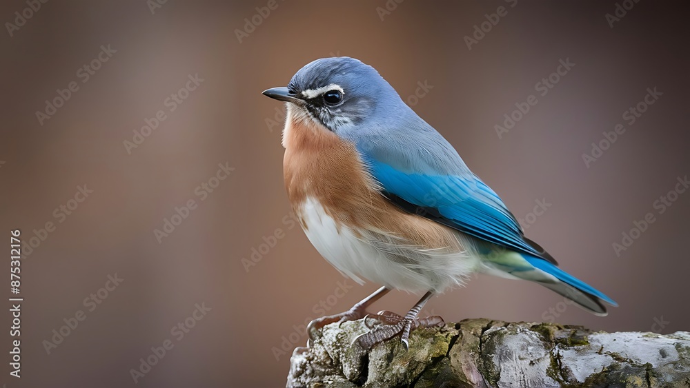 A blue bird with a blue and orange breast sits on a log A blue bird with a blue and orange breast sits on a log