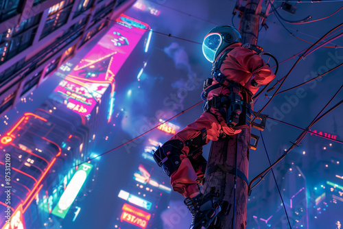 Beneath the shimmering lights of a sprawling metropolis at night, an electrical technician in a retro-inspired jumpsuit scales a towering electric pole adorned with holographic advertisements. Equippe photo