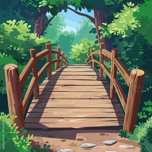 Wooden Bridge in Forest Cartoon Background Vector Illustration