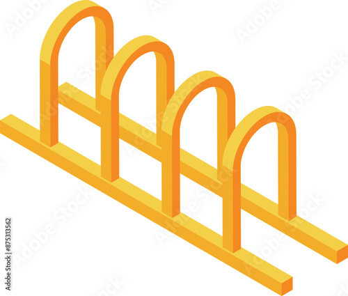 Yellow metal bicycle parking rack with arches for locking wheels standing on white background