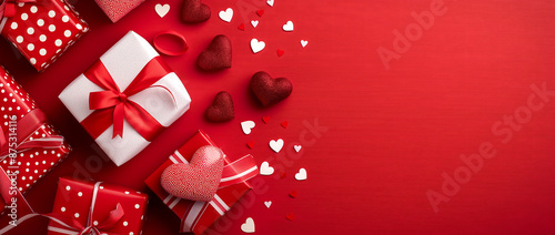 Valentines Day banner with gift boxes on a red background with copy space for your text or product