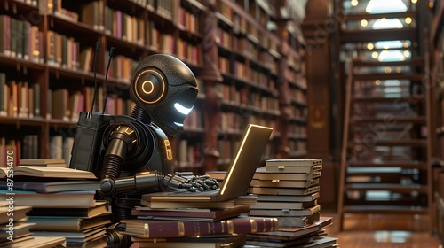 Futuristic Robot Studying In Library With Laptop And Books