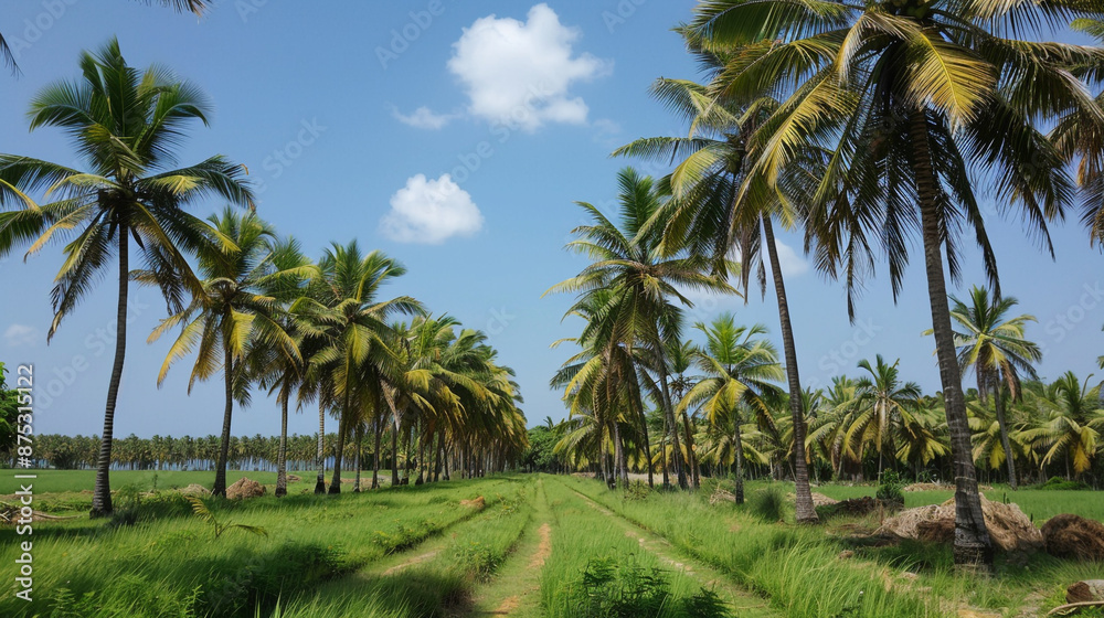 A picturesque coconut grove with rows of palm trees stretching towards the horizon under a bright blue sky. A picturesque coconut grove with rows of palm trees stretching towards the horizon under a bright blue sky.