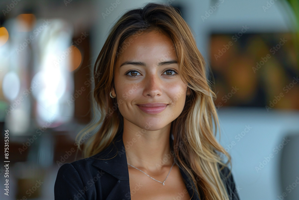 Smiling woman with long brown hair and freckled face. Smiling woman with long brown hair and freckled face.