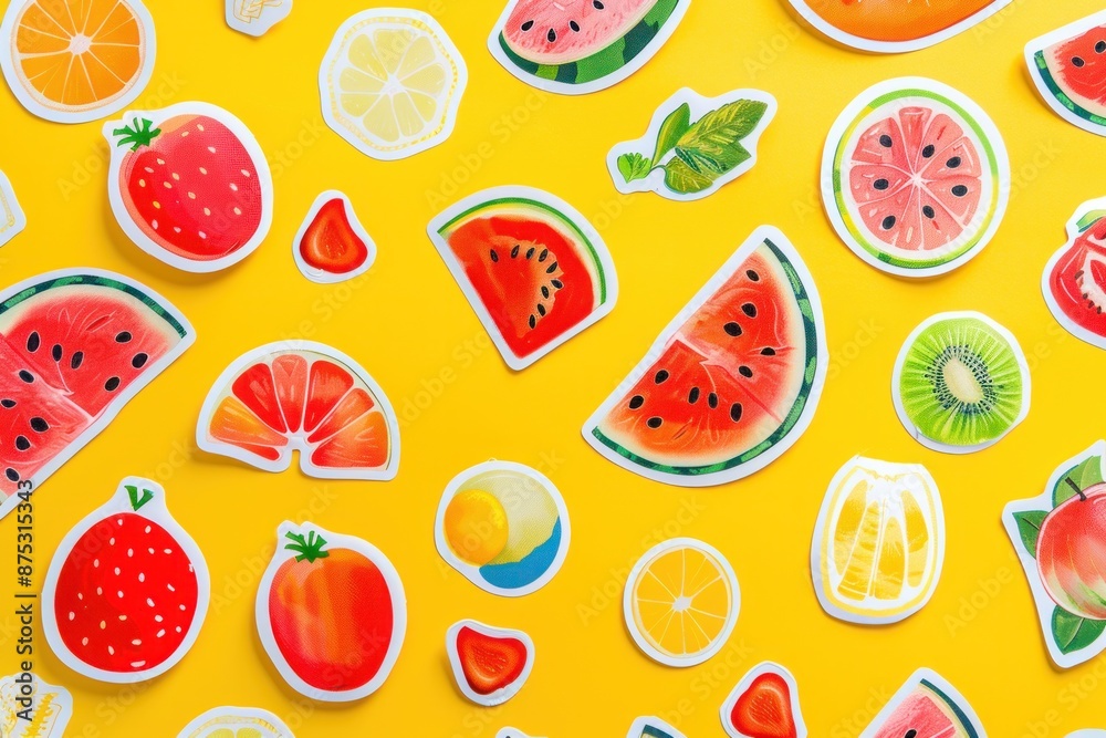 Colorful watermelon and fruit stickers scattered on a bright background. Illustration background image Colorful watermelon and fruit stickers scattered on a bright background. Illustration background image