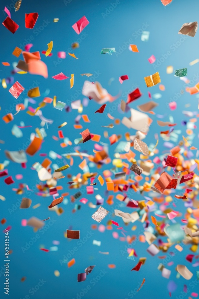 Colorful confetti in the air contrasts with a beautiful blue background. Background image Colorful confetti in the air contrasts with a beautiful blue background. Background image