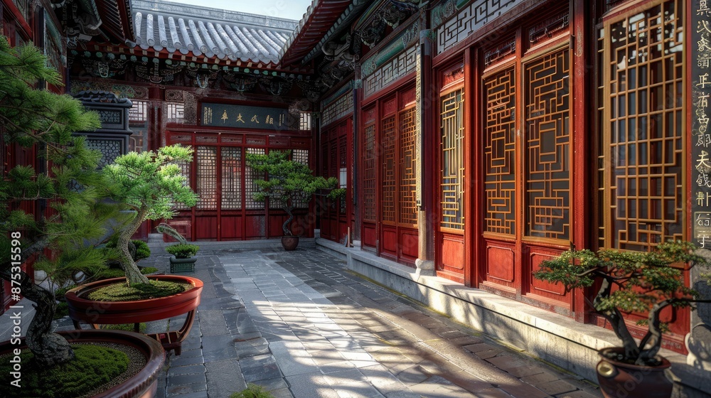 A traditional Chinese courtyard house with red lacquered doors, a serene garden with bonsai trees, and intricate wooden lattice windows. A traditional Chinese courtyard house with red lacquered doors, a serene garden with bonsai trees, and intricate wooden lattice windows.