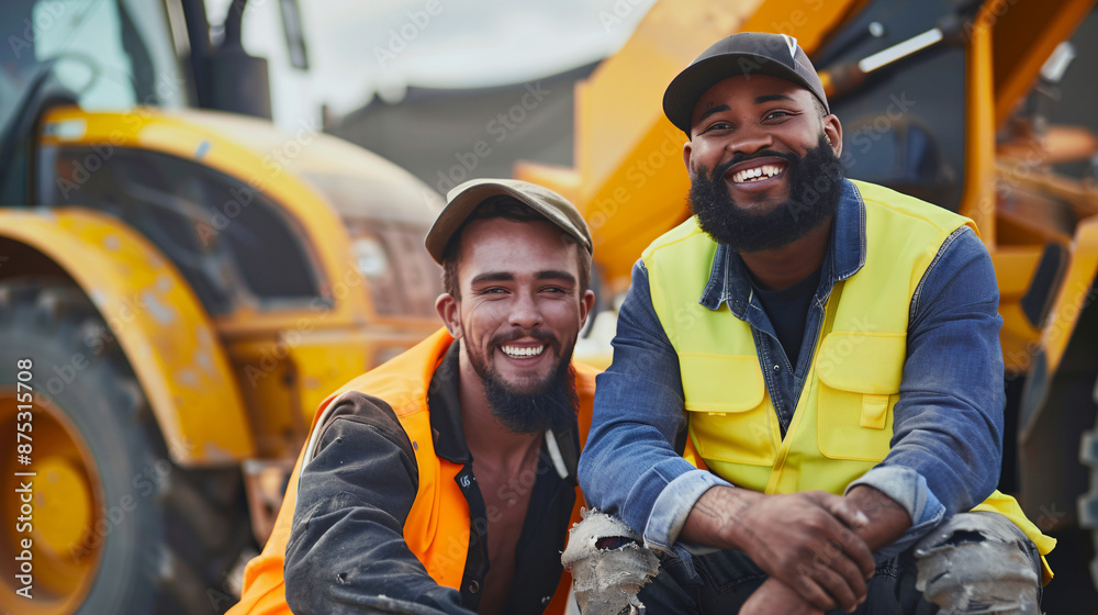 Construction Workers Smiling in Front of Bulldozer. Construction Workers Smiling in Front of Bulldozer.