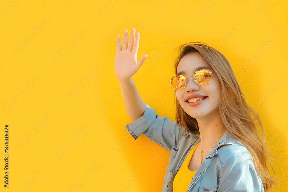 Young beautiful woman waving hand on yellow background Young beautiful woman waving hand on yellow background