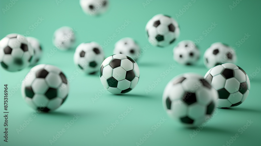 Soccer balls falling in motion on a light green background. Close-up of whole balls falling into motion, with empty space for text. AI generative