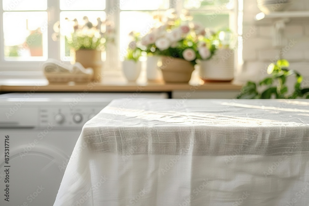 The detailed closeup of a white table with a spotless tablecloth in a laundry room, blurred background, soft natural light, interior mockup for design, spacious copy space The detailed closeup of a white table with a spotless tablecloth in a laundry room, blurred background, soft natural light, interior mockup for design, spacious copy space