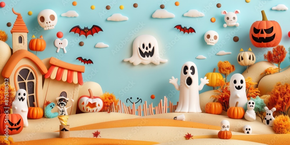Halloween Scene with Ghosts and Pumpkins