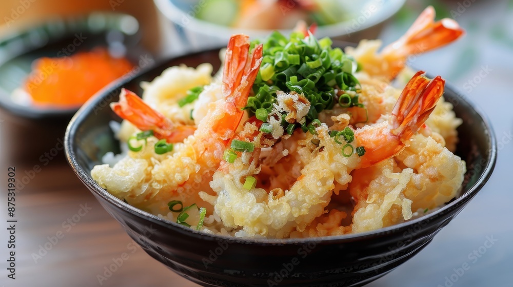 Delicious Japanese shrimp tempura served in a bowl topped with green onions and paired with a side dish for a perfect meal. Delicious Japanese shrimp tempura served in a bowl topped with green onions and paired with a side dish for a perfect meal.