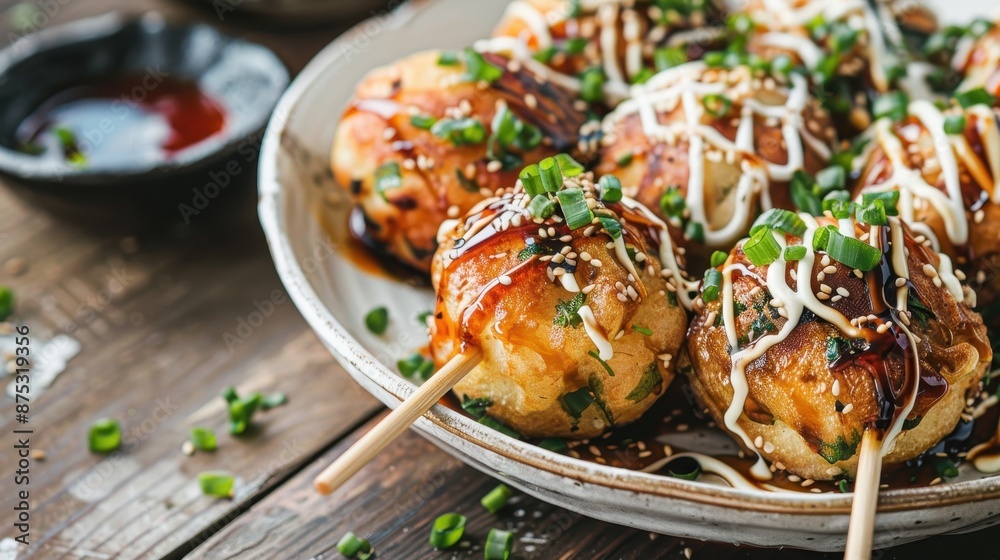 Delicious Takoyaki balls topped with sauce and green onions on a plate, a popular Japanese street food delicacy. Delicious Takoyaki balls topped with sauce and green onions on a plate, a popular Japanese street food delicacy.