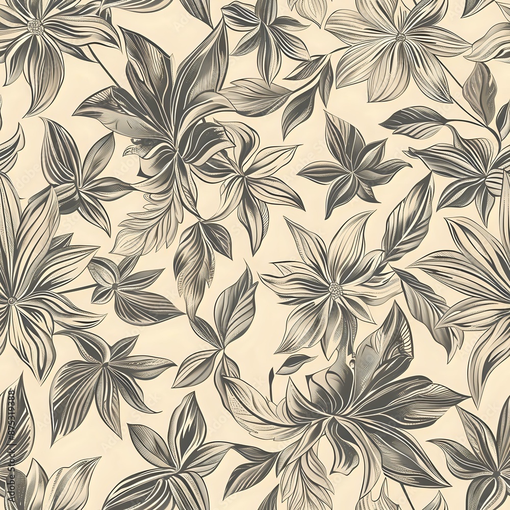 Dark Brown and Beige Botanical Pattern with Detailed Floral Elements Dark Brown and Beige Botanical Pattern with Detailed Floral Elements