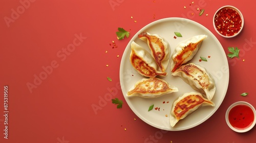 Plate of delicious dumplings with dipping sauce on a red background. Perfect for food, Asian cuisine, and culinary content.