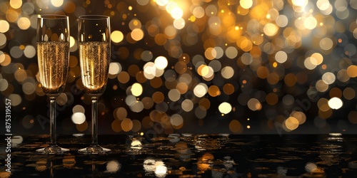 Two Champagne Flutes on Black Background with Gold Bokeh.