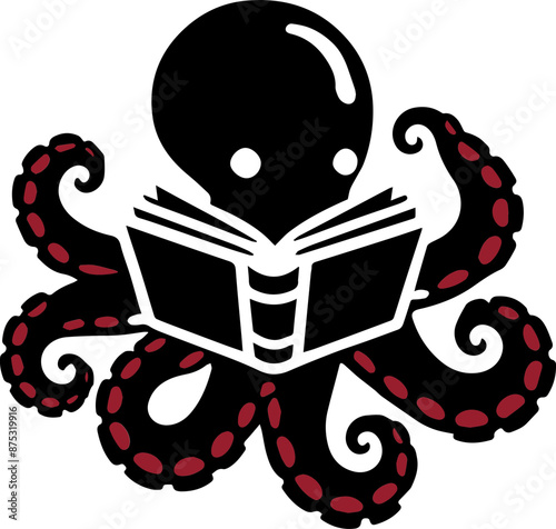 Illustration of an octopus reading a book. Unique graphic suitable for educational, marine life, and literature themes.