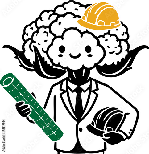 Cartoon of a cauliflower-headed person in a suit holding a blueprint and a hard hat, symbolizing creativity and construction.