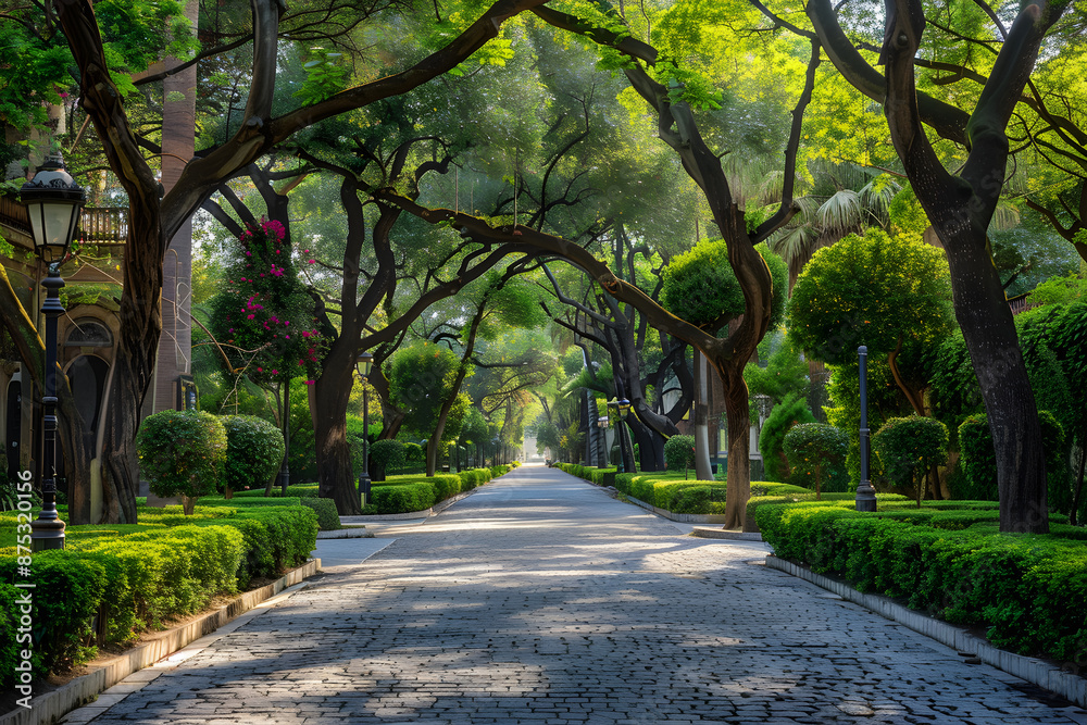 Serene Urban Avenue with Tree Canopy and Cobblestone Road Lined with Historic Architecture