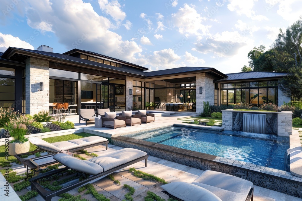 Fototapeta premium Modern House with Pool and Waterfall