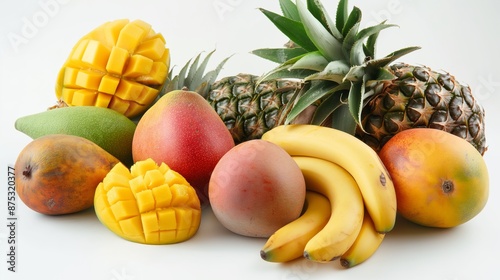 A clear photo of an assortment of tropical fruits including mangoes, pineapples, and bananas