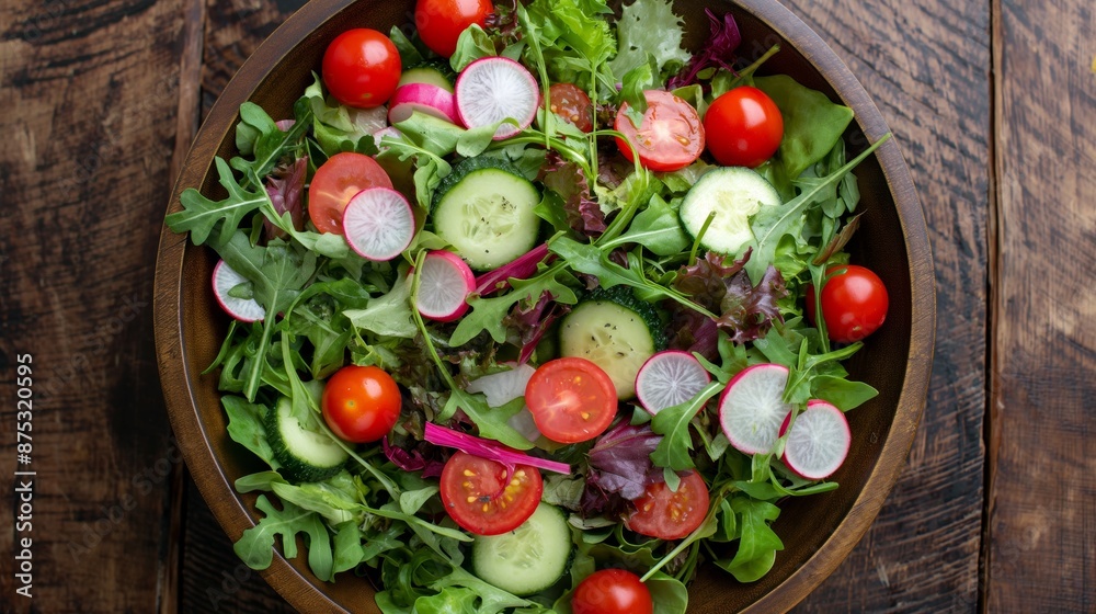 A vibrant photo of a fresh garden salad with mixed greens, tomatoes, cucumbers, and radishes A vibrant photo of a fresh garden salad with mixed greens, tomatoes, cucumbers, and radishes