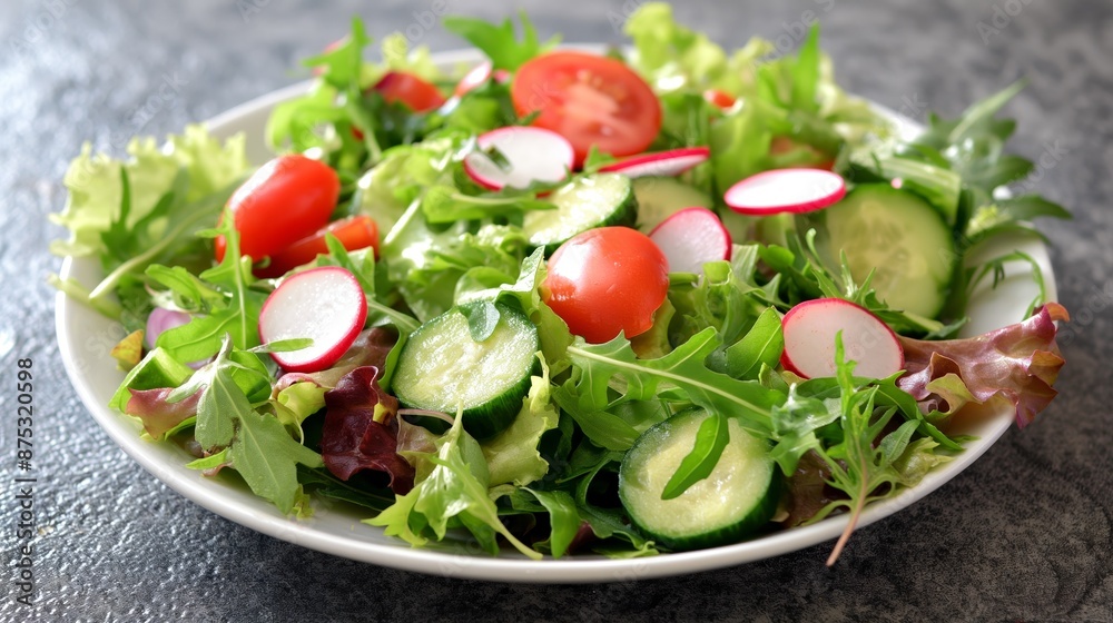 A vibrant photo of a fresh garden salad with mixed greens, tomatoes, cucumbers, and radishes A vibrant photo of a fresh garden salad with mixed greens, tomatoes, cucumbers, and radishes