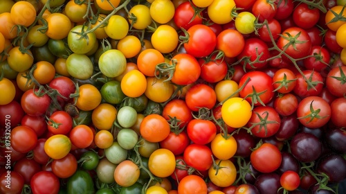 a variety of fresh tomatoes including cherry, heirloom, and plum tomatoes