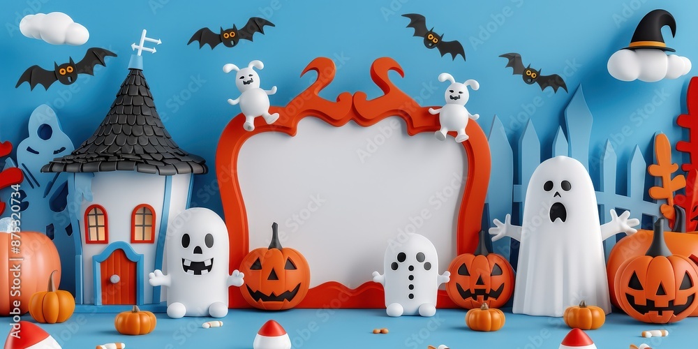 Halloween 3D Illustration with Ghosts, Pumpkins and Bats Halloween 3D Illustration with Ghosts, Pumpkins and Bats