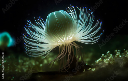 bioluminescent anemone in the darkness of the water. Generative AI. photo