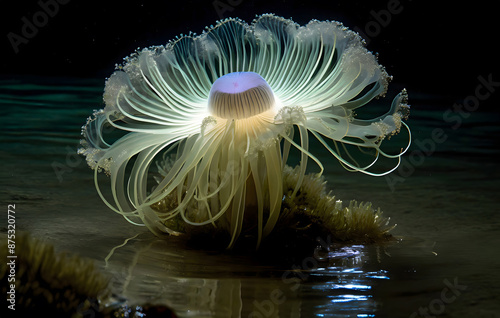 bioluminescent anemone in the darkness of the water. Generative AI. photo