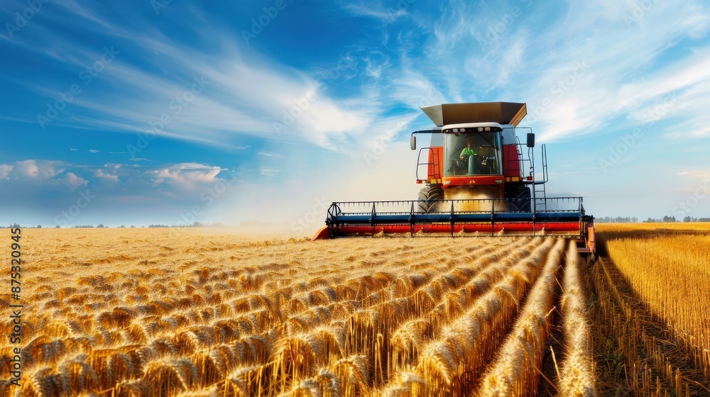 Fototapeta premium A tractor driving on field for harvest