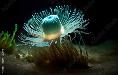 bioluminescent anemone in the darkness of the water. Generative AI. photo